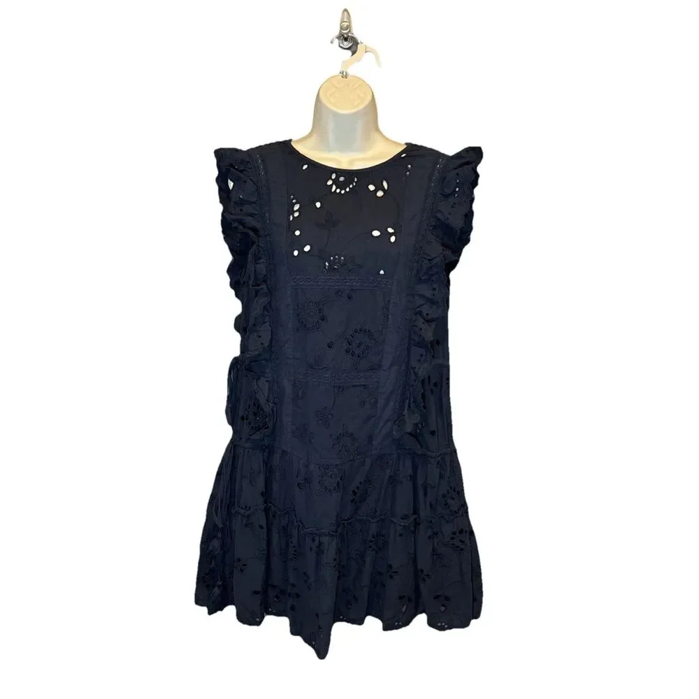 MISA Marieta Eyelet Mini Dress Size L Navy Ruffle Tiered Boho